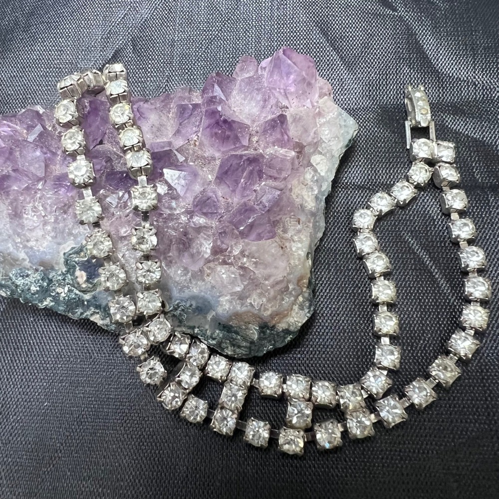 Vtg Rhinestone Bracelet Silver Tone Two Row Sparkling Bridal Formal‎ Prom Glam